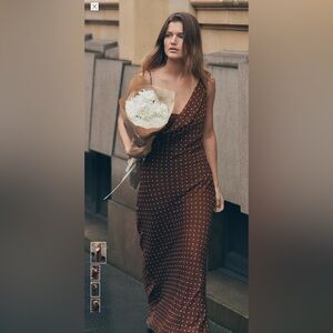 Zara Brown Polka Dot Cowl-Neck Midi Dress